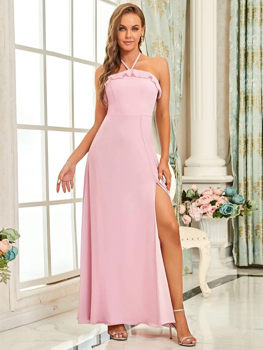 Ruffled Halter A-Line Bridesmaid Dress sold by Ever Pretty