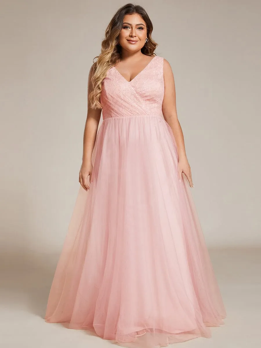 Chic Plus Size Sleeveless V-neck Lace and Tulle Bridesmaid Dress sold by Ever Pretty