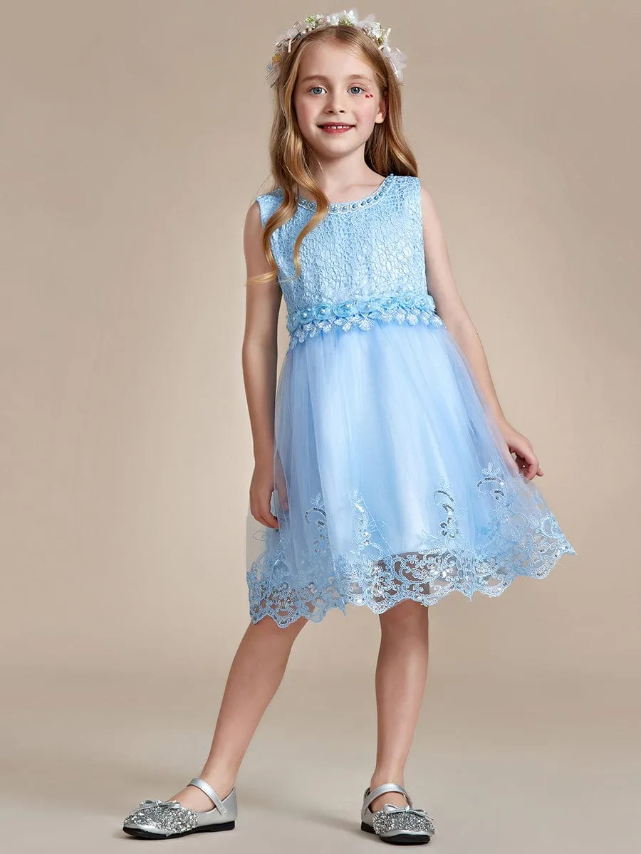 ELLARA|Beaded Lace Applique Sleeveless Flower Girl Dress With Back Bow-Knot sold by Ever Pretty