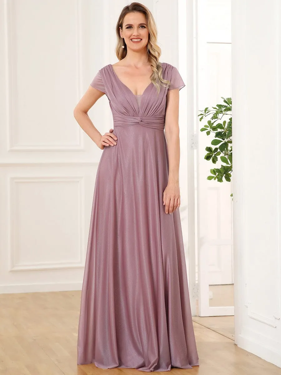 V-Neck Pleated Cap Sleeve Floor Length Mother of the Bride Dress sold by Ever Pretty