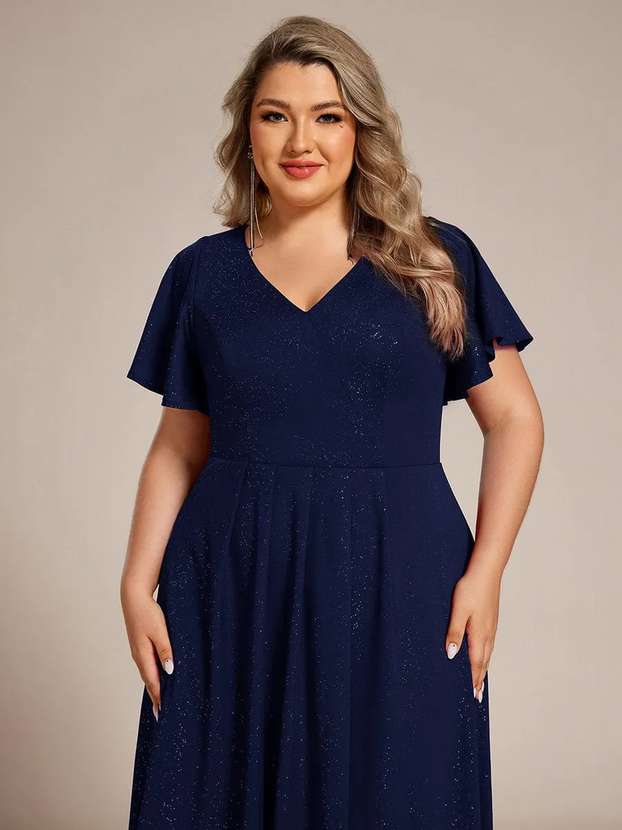 Glow Lana | Plus Size Ruffled Sleeves Glitery V-Neck Midi Wedding Guest Dress sold by Ever Pretty product image thumbnail 3
