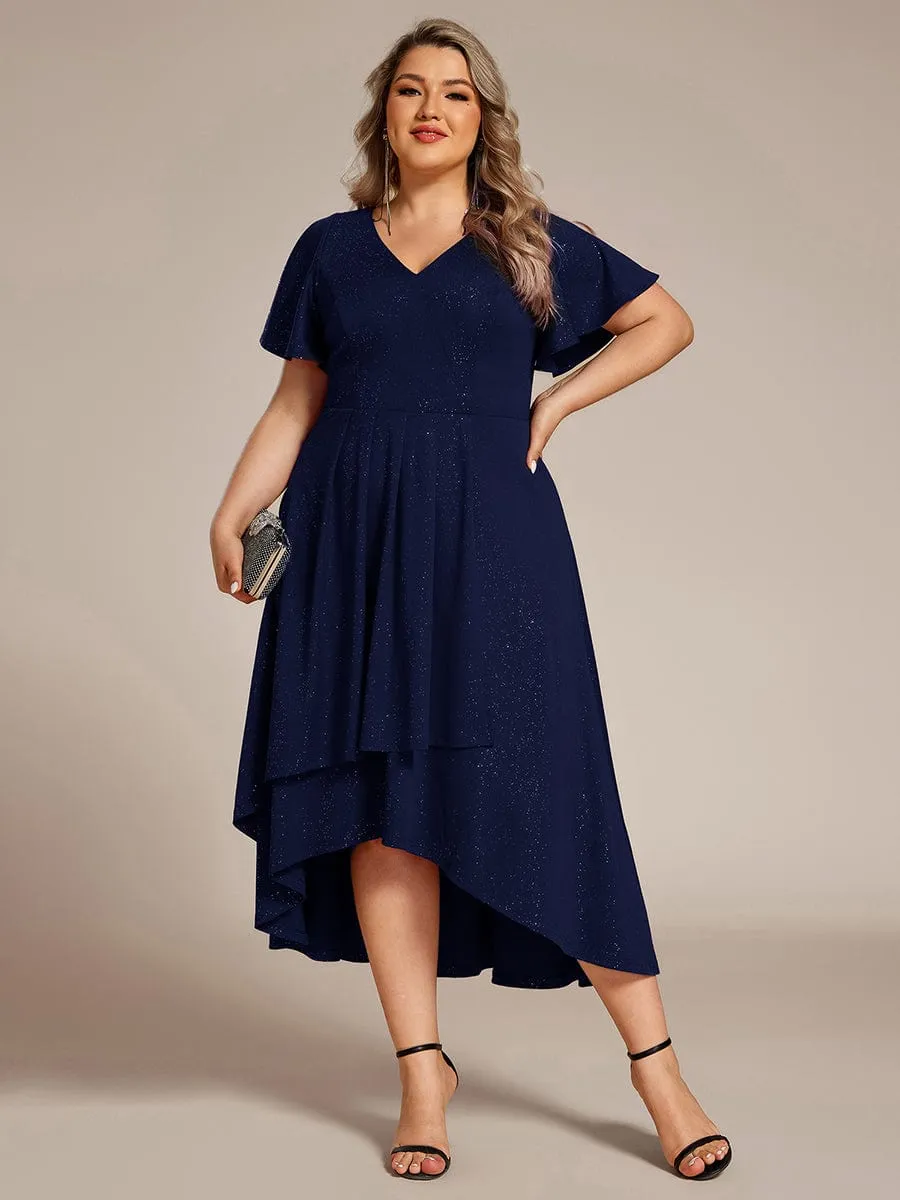 Glow Lana | Plus Size Ruffled Sleeves Glitery V-Neck Midi Wedding Guest Dress sold by Ever Pretty