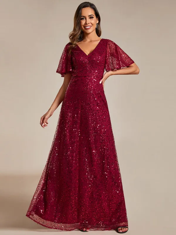 ever ARIA|Shimmering All Over Sequin Short Sleeves A-Line Formal Evening Dress sold by Ever Pretty