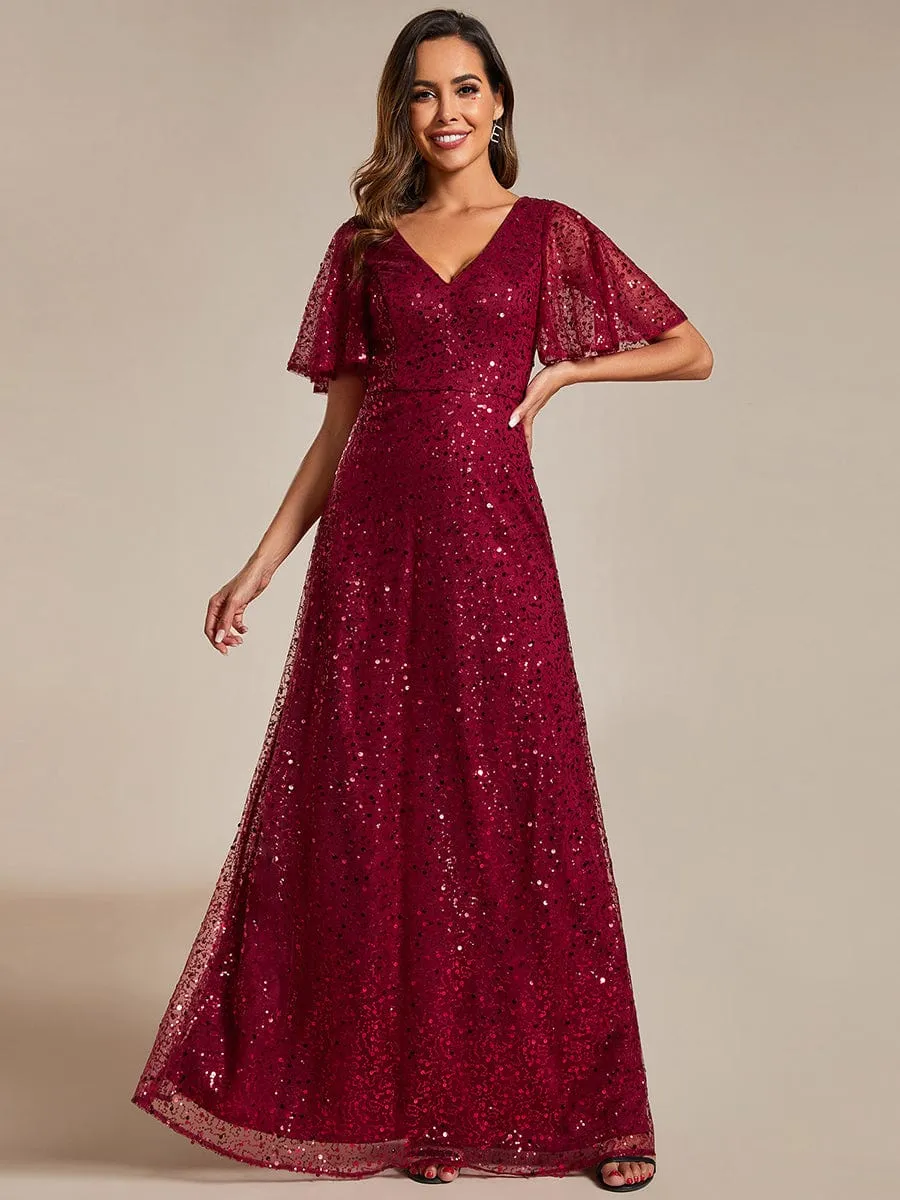 ever ARIA|Shimmering All Over Sequin Short Sleeves A-Line Formal Evening Dress sold by Ever Pretty