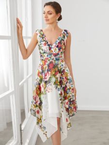 Printed Chiffon Sleeveless V-Neck Asymmetrical Evening Dress sold by Ever Pretty