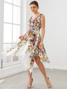 Printed Chiffon Sleeveless V-Neck Asymmetrical Evening Dress sold by Ever Pretty