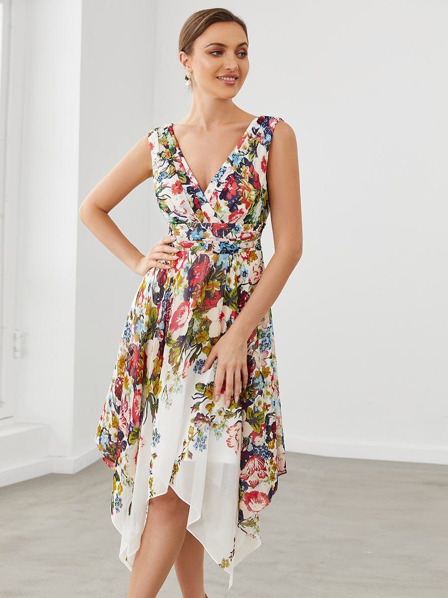 Printed Chiffon Sleeveless V-Neck Asymmetrical Evening Dress sold by Ever Pretty