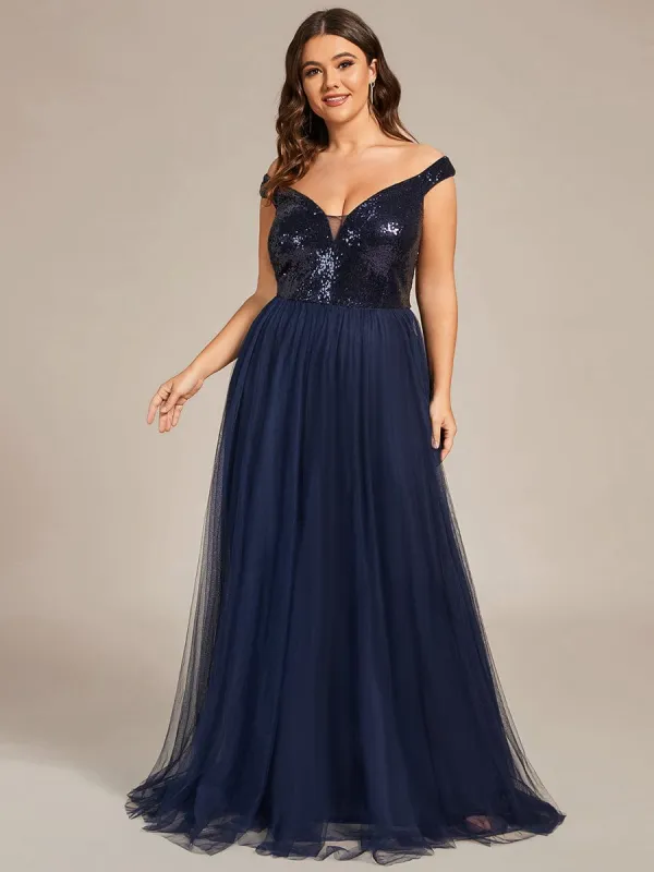 Custom Size A-line Sequin Off the Shoulder Maxi Tulle Evening Dress sold by Ever Pretty