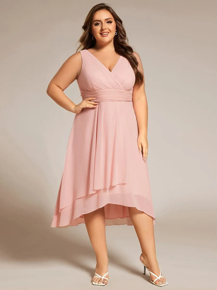 pretty AUGUST|Plus Size Pleated Sleeveless V-Neck Midi Chiffon Wedding Guest Dress sold by Ever Pretty