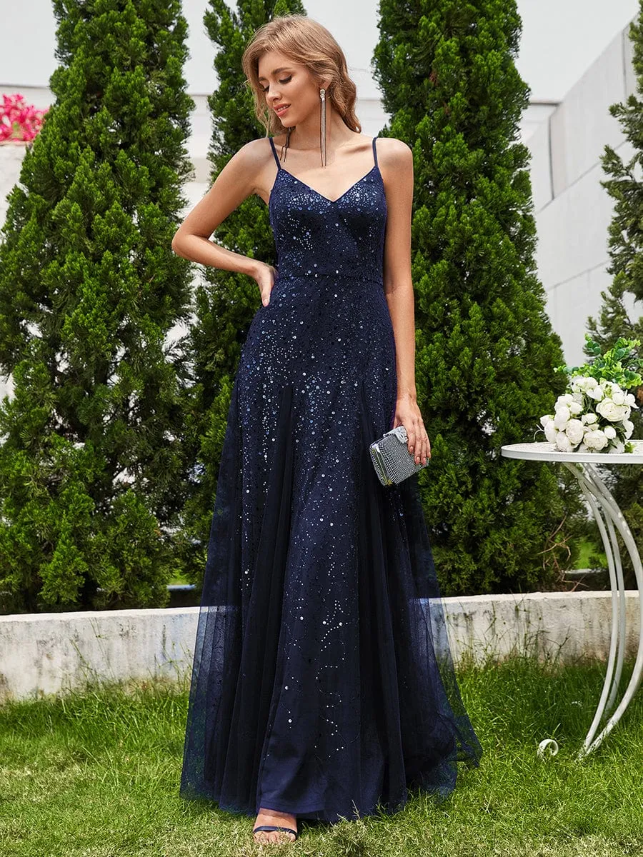 ever BERKLYN|Sequined Tulle High-Waisted A-Line Sleeveless Evening Dress with V-Neck sold by Ever Pretty product image thumbnail 4