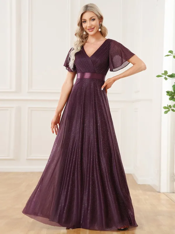 ever LIORÉ|Sparkling Short Sleeve V-Neck Ribbon Waist A-Line Evening Dress sold by Ever Pretty