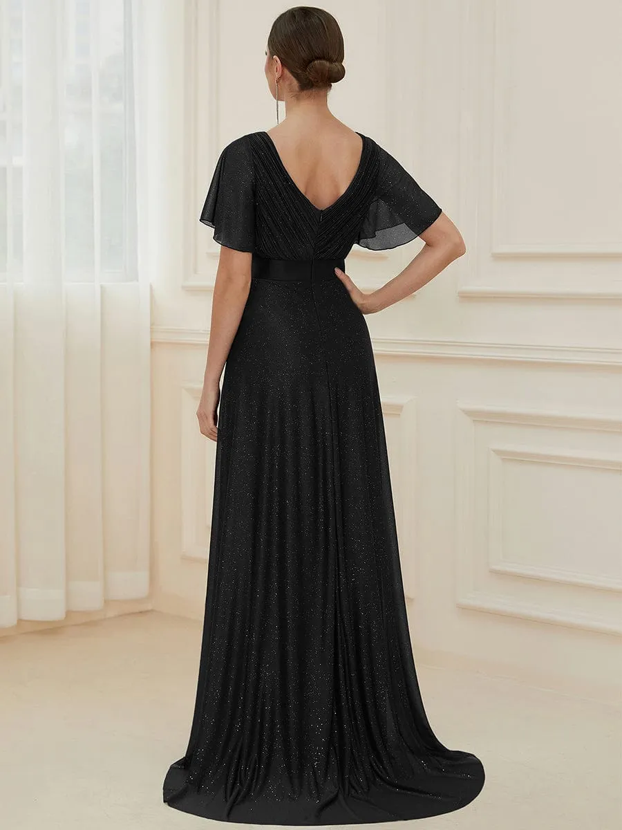 ever LIORÉ|Sparkling Short Sleeve V-Neck Ribbon Waist A-Line Evening Dress sold by Ever Pretty product image thumbnail 4