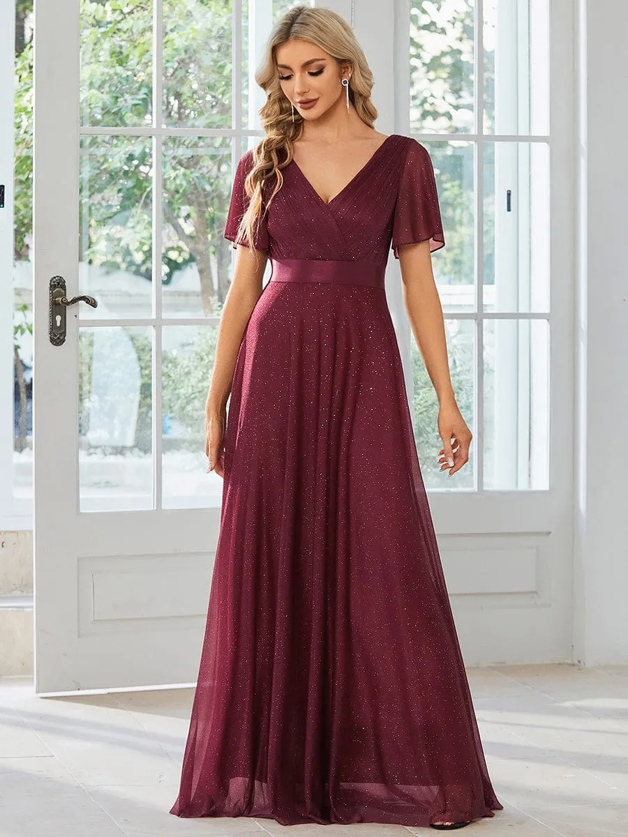 ever LIORÉ|Sparkling Short Sleeve V-Neck Ribbon Waist A-Line Evening Dress sold by Ever Pretty product image thumbnail 5