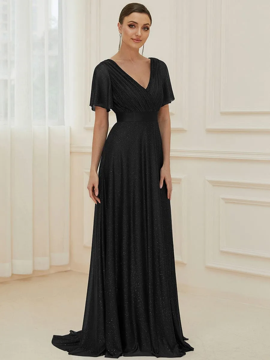 ever LIORÉ|Sparkling Short Sleeve V-Neck Ribbon Waist A-Line Evening Dress sold by Ever Pretty product image thumbnail 3