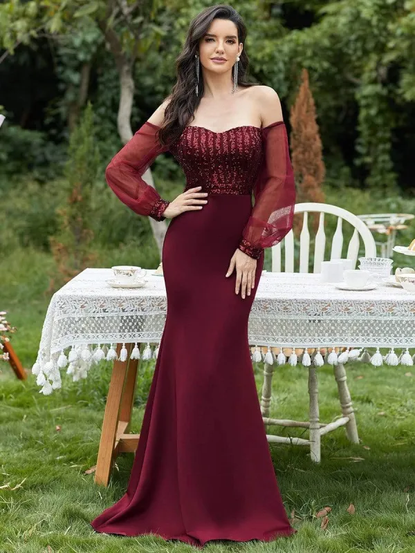 Fashion Off the Shoulder Sequin Evening Gowns With Tulle Sleeve sold by Ever Pretty