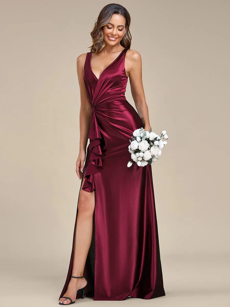 Deep V-Neck Stylish Waist Pleated High Slit Satin Evening Dress sold by Ever Pretty product image thumbnail 5