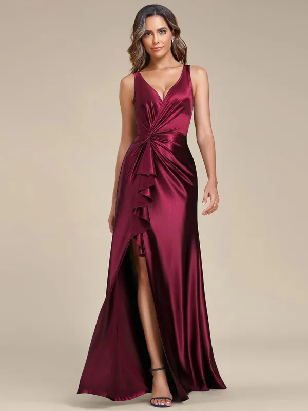 Deep V-Neck Stylish Waist Pleated High Slit Satin Evening Dress sold by Ever Pretty