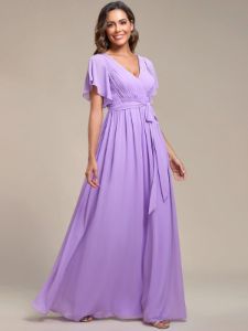 Ruffle Sleeve Tie-Waist Chiffon V-Neck Evening Dress sold by Ever Pretty