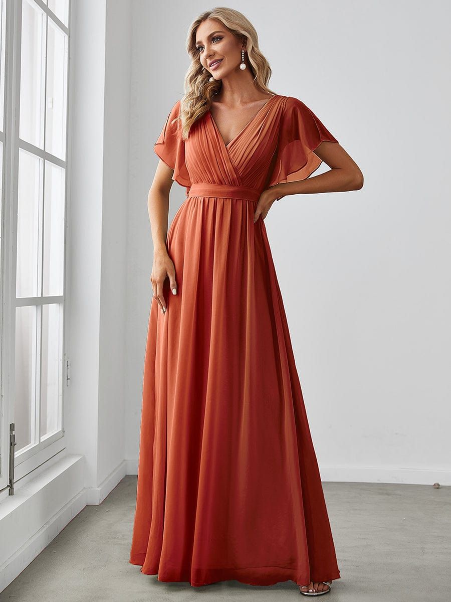 Ruffle Sleeve Tie-Waist Chiffon V-Neck Evening Dress sold by Ever Pretty