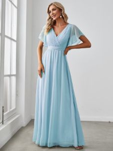 Ruffle Sleeve Tie-Waist Chiffon V-Neck Evening Dress sold by Ever Pretty