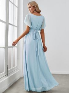 Ruffle Sleeve Tie-Waist Chiffon V-Neck Evening Dress sold by Ever Pretty
