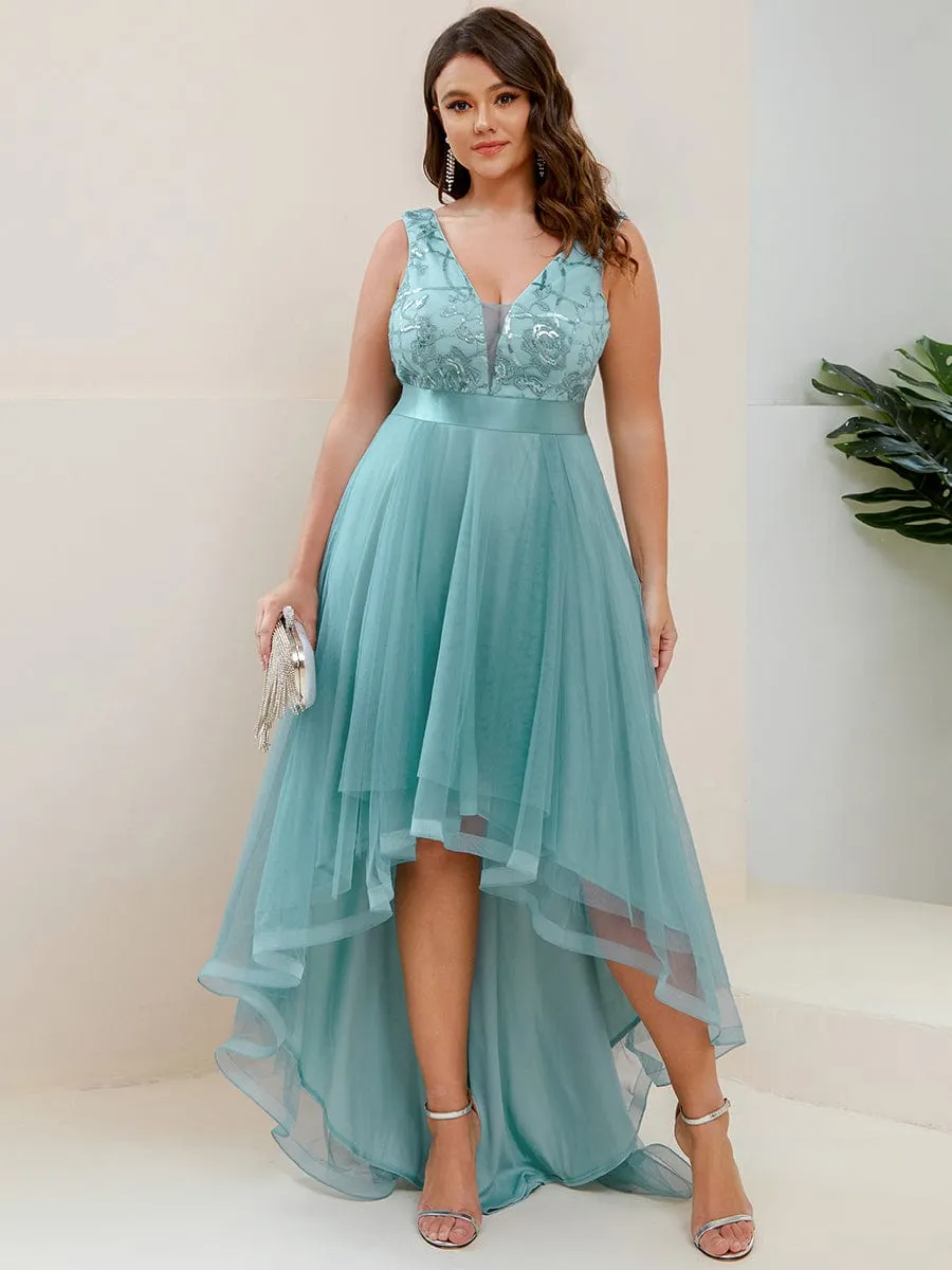 ever SASHIA|Custom Size High-Low Deep V Neck Tulle Prom Dresses with Sequin Appliques sold by Ever Pretty