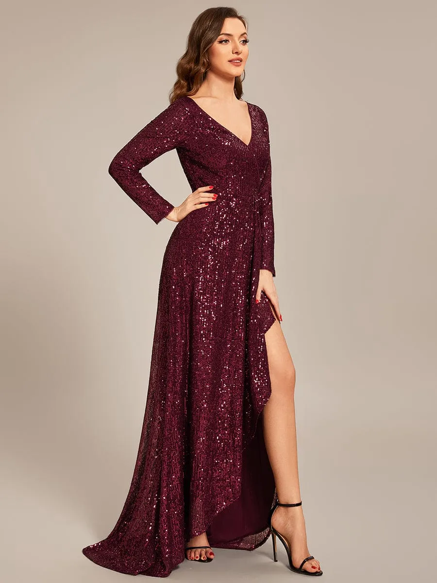 ever SYREN|Sequin Long Sleeve V-neck Asymmetrical Hem Evening Dress sold by Ever Pretty product image thumbnail 4