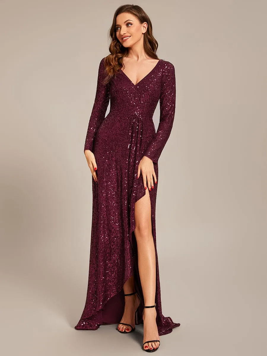 ever SYREN|Sequin Long Sleeve V-neck Asymmetrical Hem Evening Dress sold by Ever Pretty