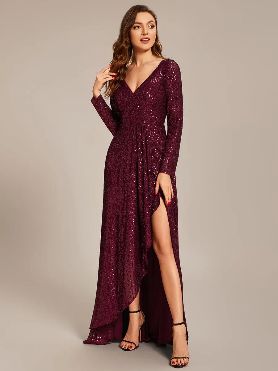 ever SYREN|Sequin Long Sleeve V-neck Asymmetrical Hem Evening Dress sold by Ever Pretty product image thumbnail 5
