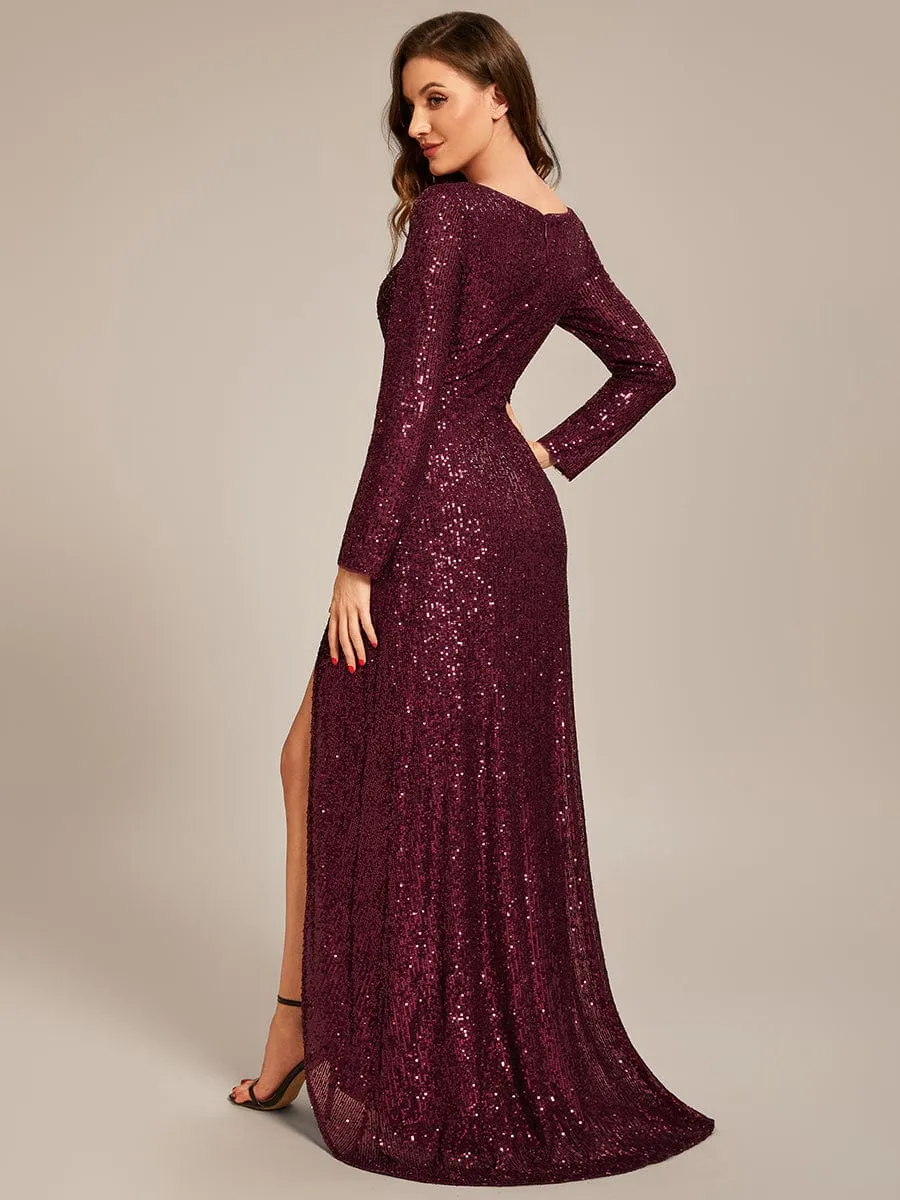 ever SYREN|Sequin Long Sleeve V-neck Asymmetrical Hem Evening Dress sold by Ever Pretty product image thumbnail 2