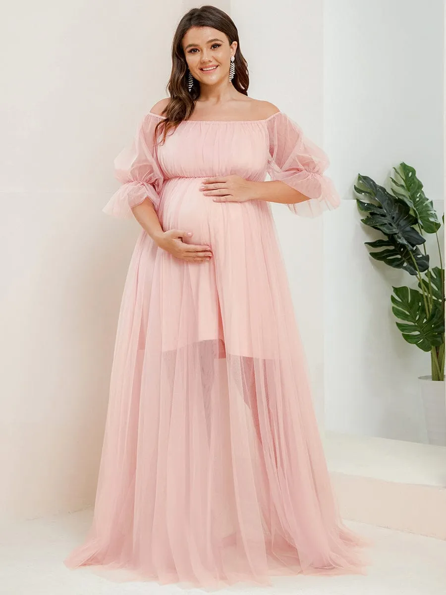 pretty CELIA|Plus Size Off-Shoulder Tulle Double Skirt Maxi Maternity Dress sold by Ever Pretty product image thumbnail 5