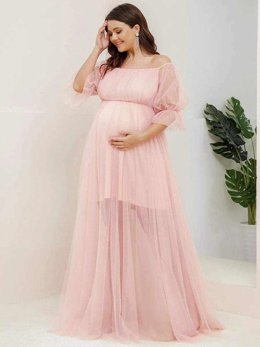 pretty CELIA|Plus Size Off-Shoulder Tulle Double Skirt Maxi Maternity Dress sold by Ever Pretty product image thumbnail 4