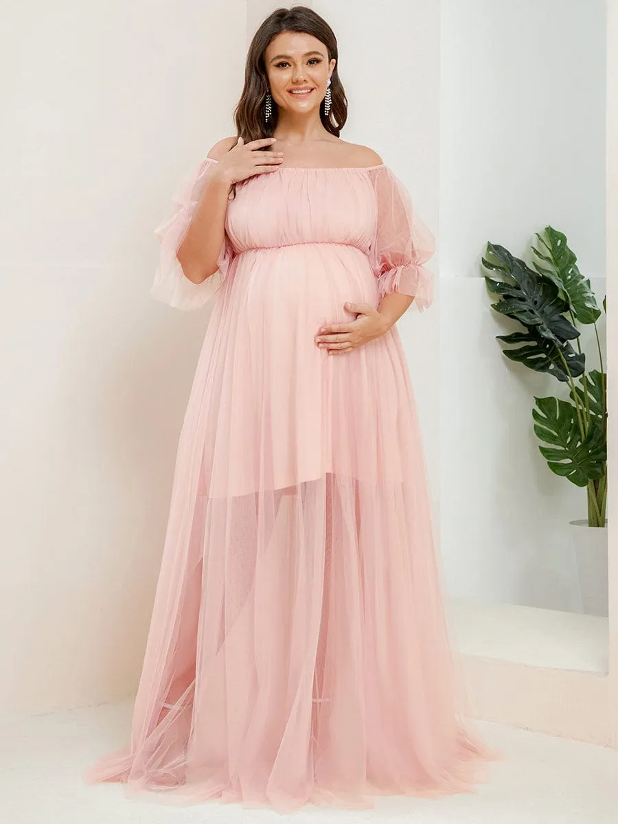 pretty CELIA|Plus Size Off-Shoulder Tulle Double Skirt Maxi Maternity Dress sold by Ever Pretty