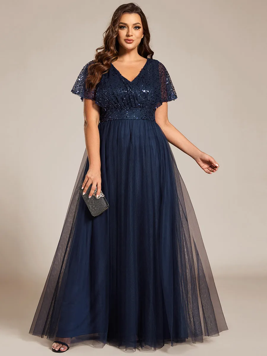 pretty NAVEYA|Plus Size Short Sleeves Sequin V-Neck Formal Evening Dress with Tulle sold by Ever Pretty