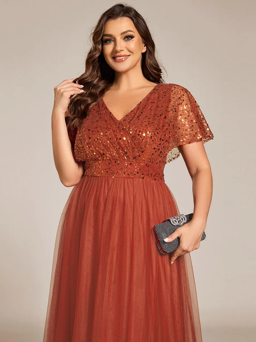 pretty NAVEYA|Plus Size Short Sleeves Sequin V-Neck Formal Evening Dress with Tulle sold by Ever Pretty product image thumbnail 5