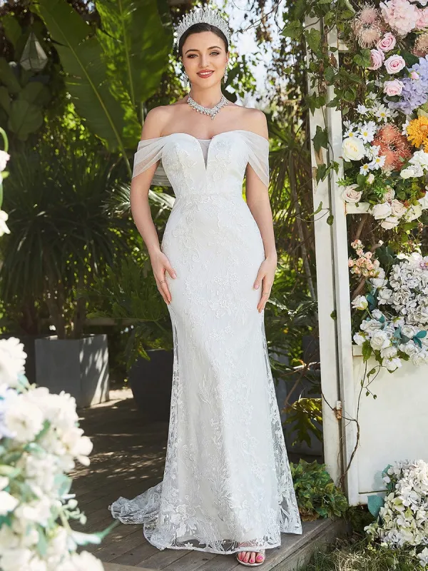 Floral Lace Off-Shoulder Fit and Flare Wedding Dress sold by Ever Pretty