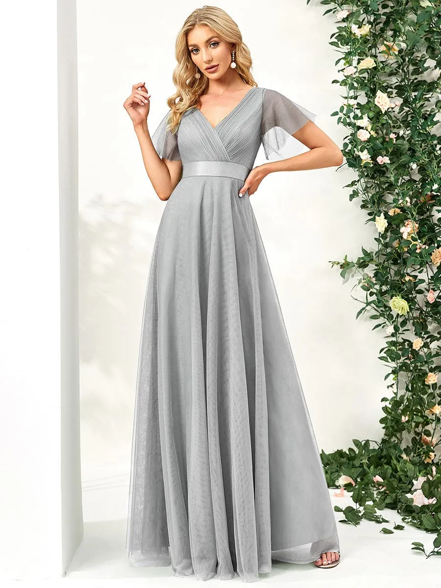 V-Neck Floor-Length Short Sleeve Tulle Bridesmaid Dresses sold by Ever Pretty