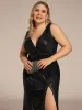 Plus Size High Slit Dazzling Sequin Deep V-Neck Evening Dress sold by Ever Pretty