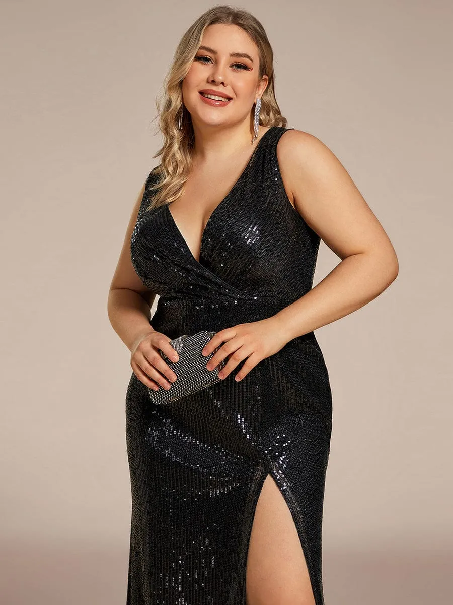 Plus Size High Slit Dazzling Sequin Deep V-Neck Evening Dress sold by Ever Pretty product image thumbnail 3
