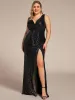 Plus Size High Slit Dazzling Sequin Deep V-Neck Evening Dress sold by Ever Pretty