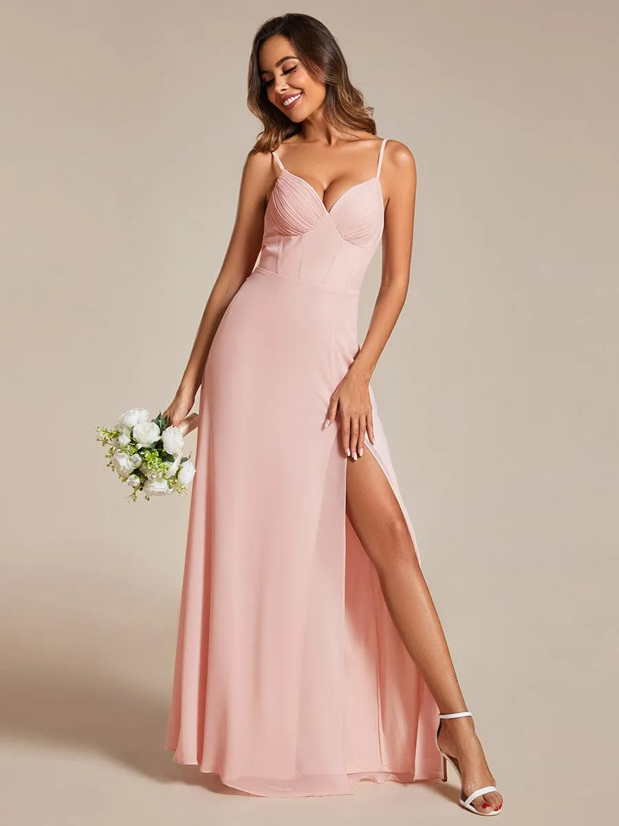 Spaghetti Strap V-Neck Chiffon Bridesmaid Dress with High Slit sold by Ever Pretty