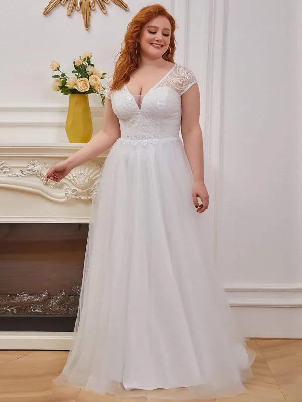 Custom Size Sheer Cap Sleeves Embroidery Wedding Dress sold by Ever Pretty