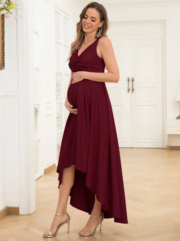 Sleeveless Pleated V-Neck High Low Maternity Dress sold by Ever Pretty