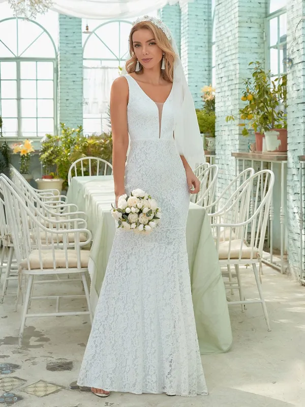 Custom Size Dainty Deep V Neck Sleeveless Fishtail Lace Wedding Dress sold by Ever Pretty