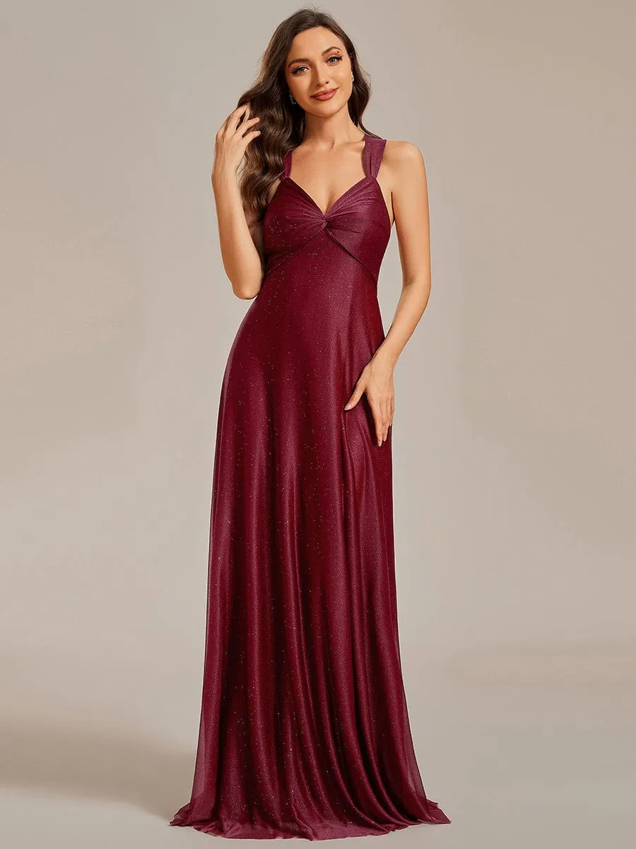 Glittery Pleated V-neck Adjustable Back Lace-Up Sleeveless Bridesmaid Dress sold by Ever Pretty