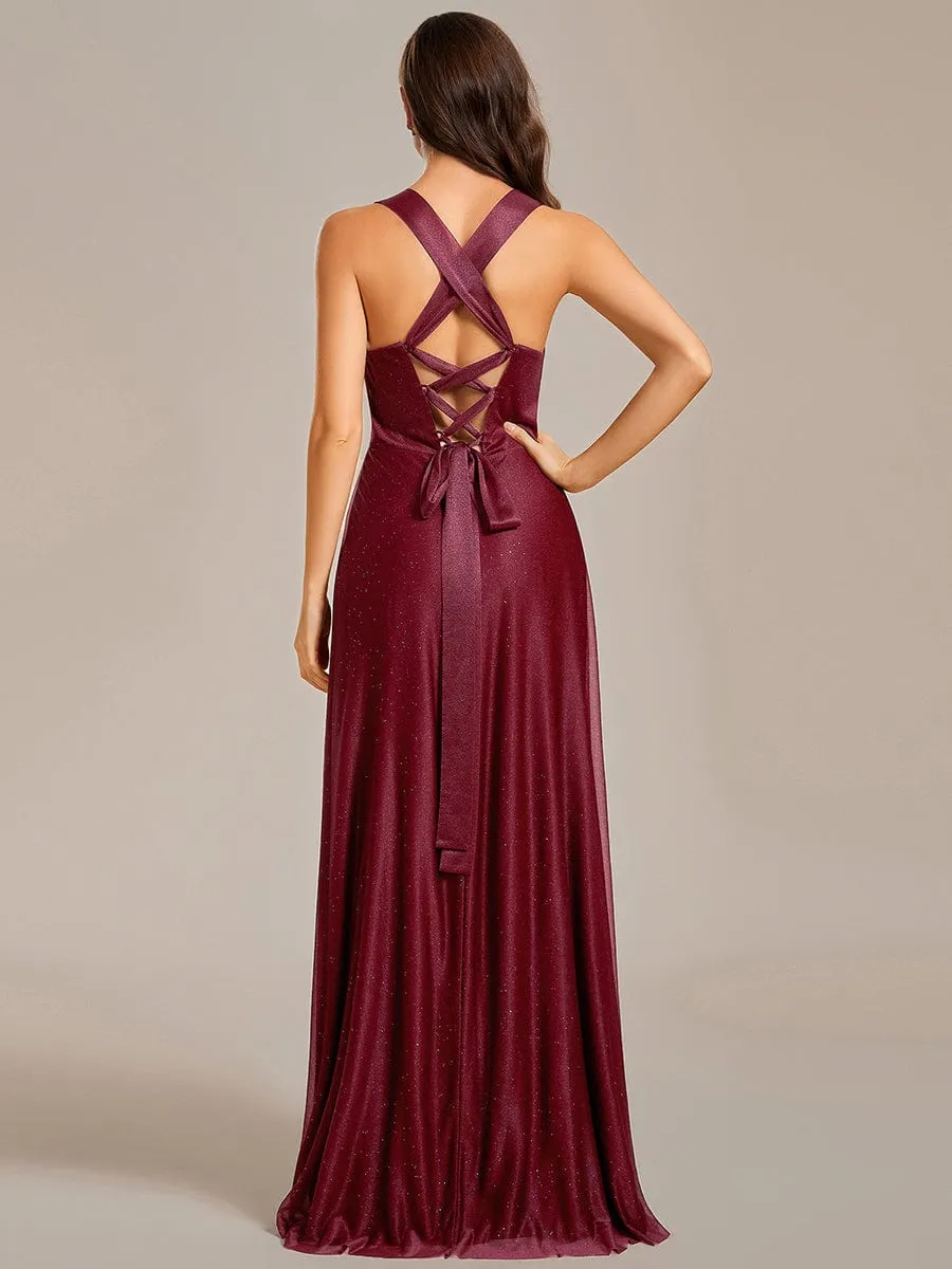 Glittery Pleated V-neck Adjustable Back Lace-Up Sleeveless Bridesmaid Dress sold by Ever Pretty product image thumbnail 2
