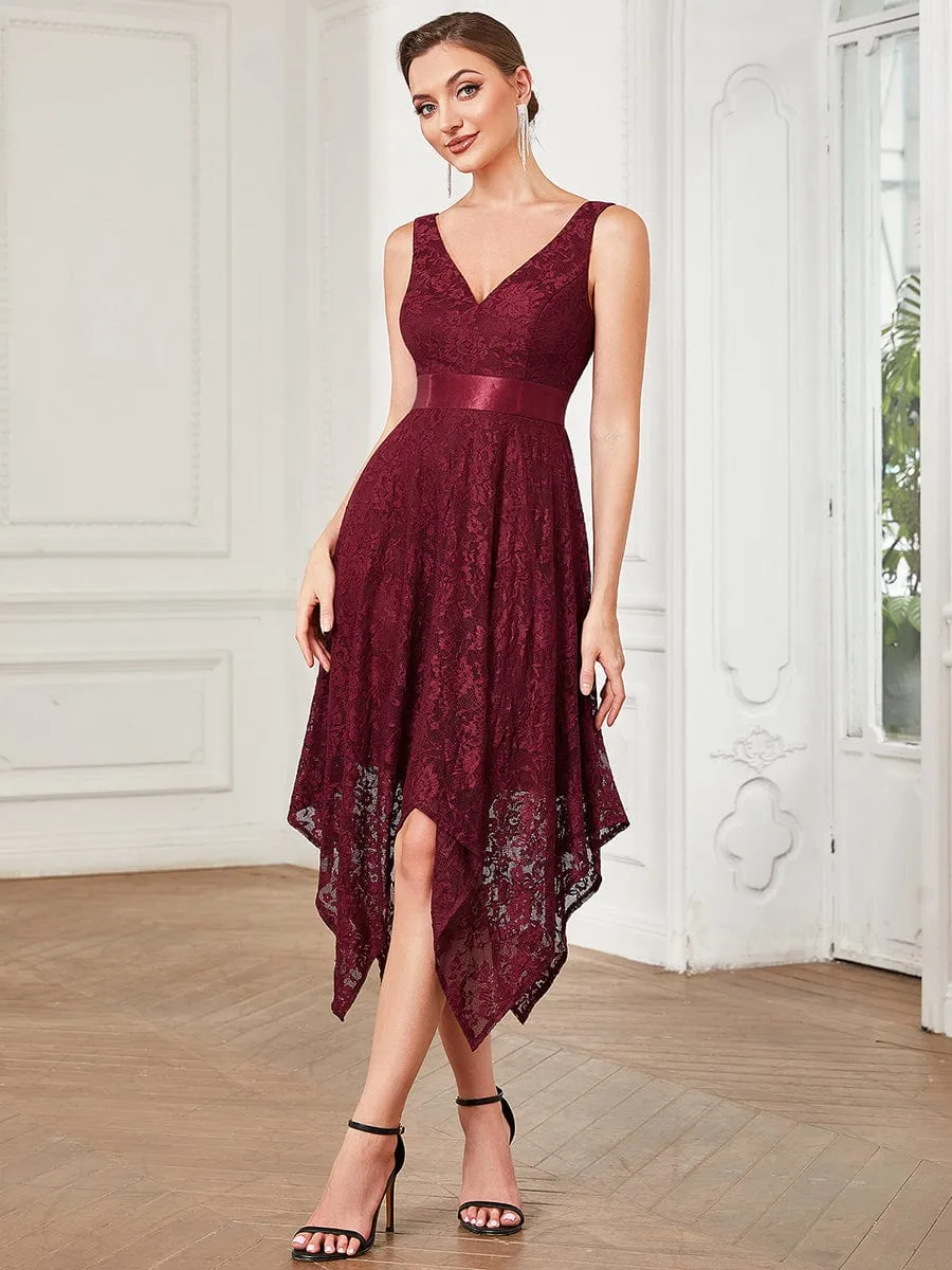 Lace Sleeveless Ribbon Waist Asymmetrical Hem Evening Dress sold by Ever Pretty