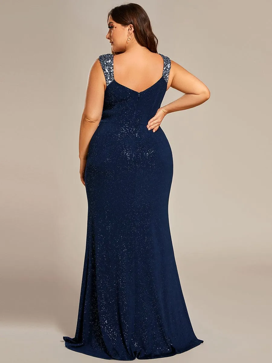 pretty NOIRE|Plus Size Glitter V-Neck High Slit Sequin Shoulder Strap Evening Dress sold by Ever Pretty product image thumbnail 4