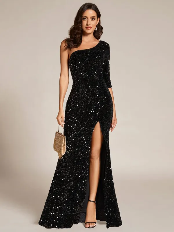 Custom Size Slit One-Shoulder Sequin Evening dress Maxi with bare legs sold by Ever Pretty