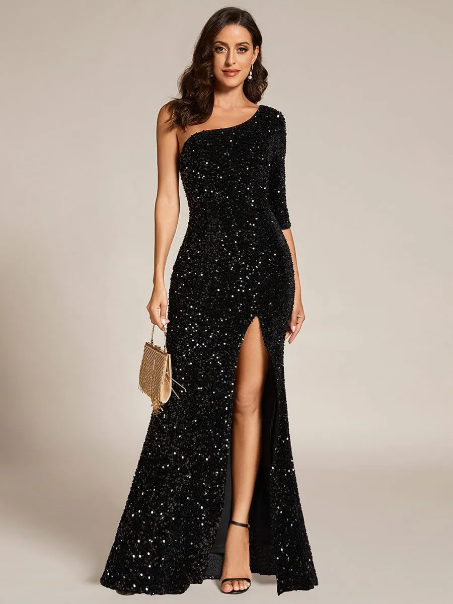 Custom Size Slit One-Shoulder Sequin Evening dress Maxi with bare legs sold by Ever Pretty